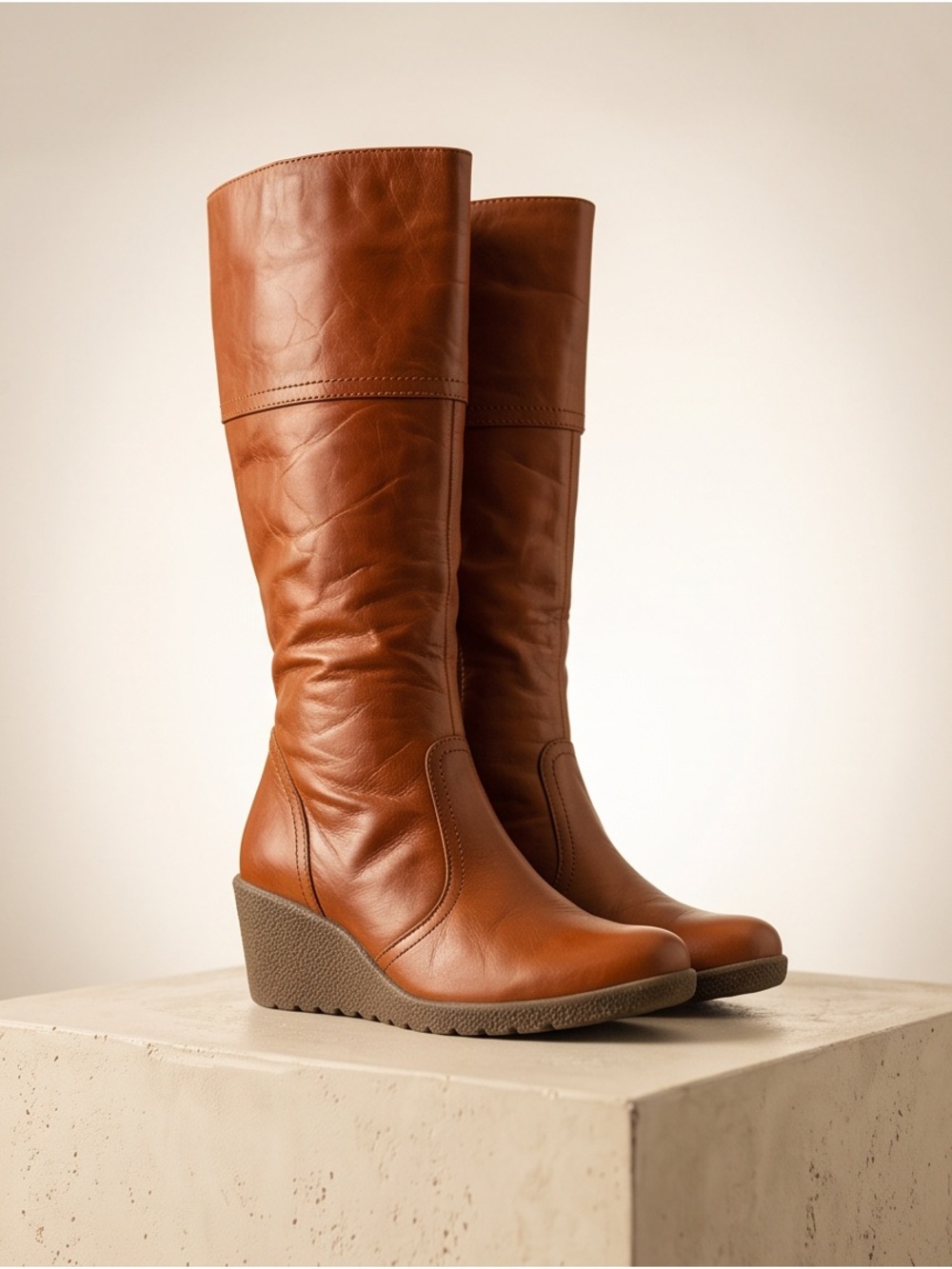 Vintage-Inspired Brown Leather Tall Boots Block Heel EU 39 - Picture 1 of 13